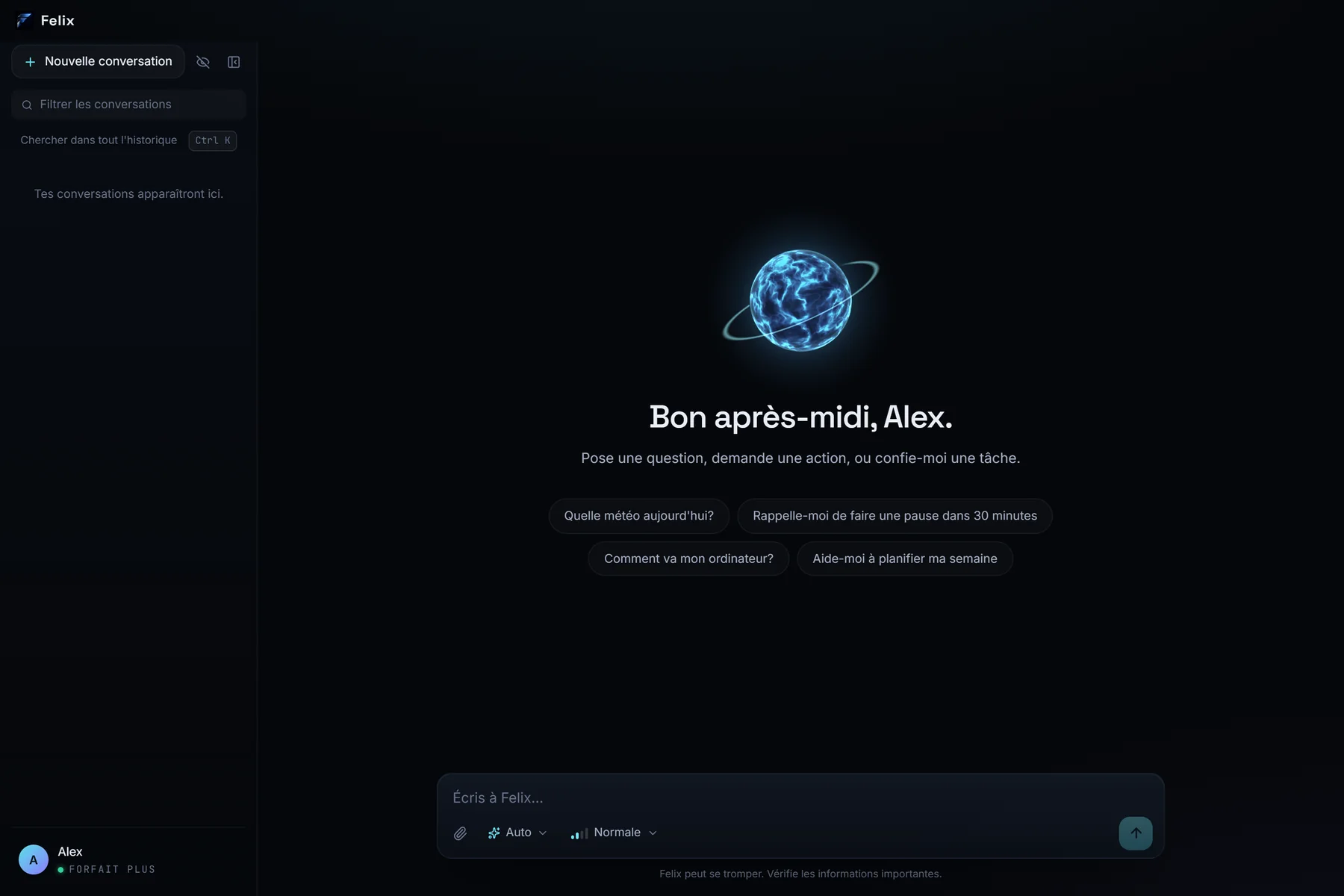 L'écran d'accueil de l'application Felix sur Windows, prêt à recevoir une demande.