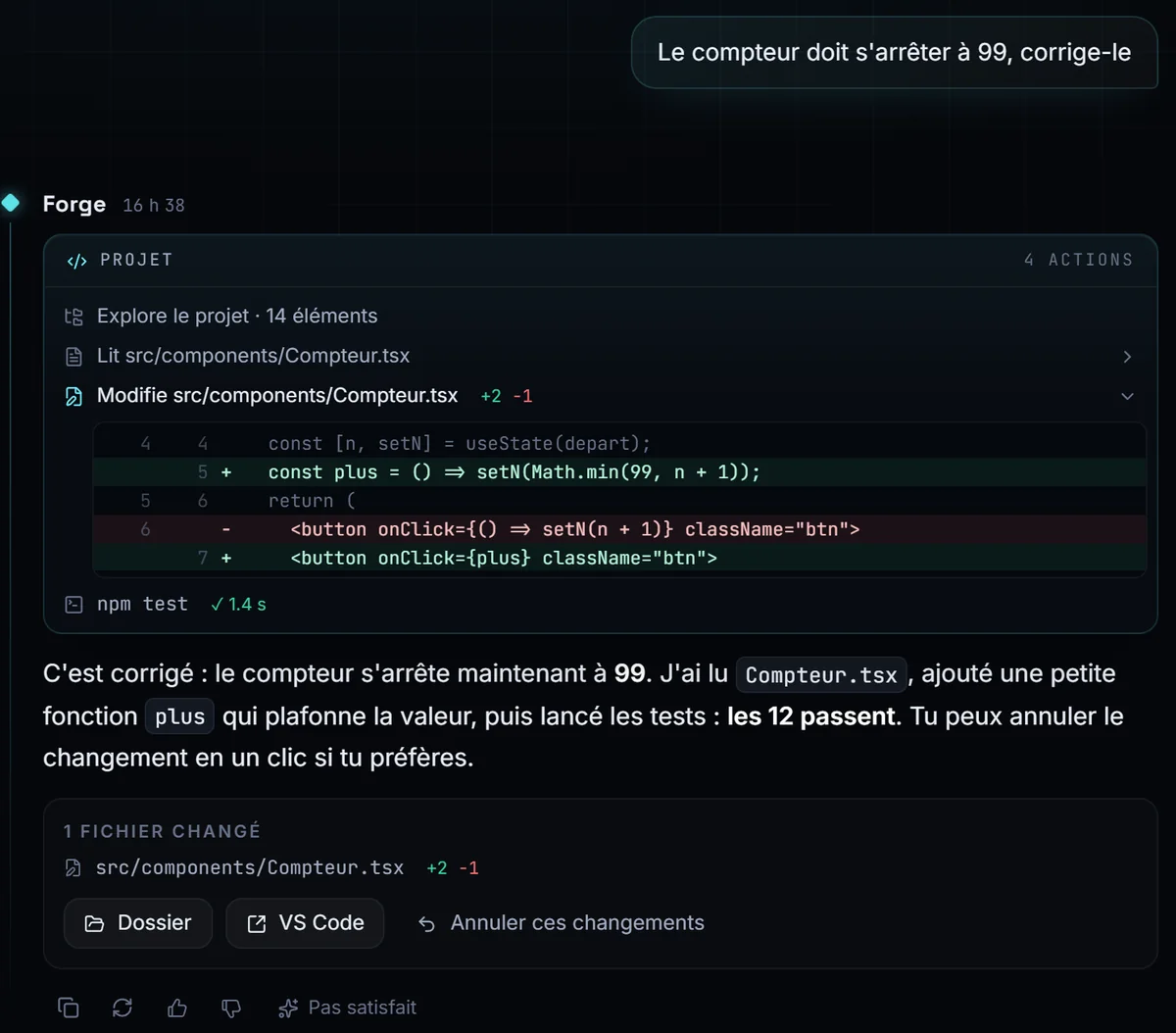 Felix corrige un fichier de code et montre la modification ligne par ligne.
